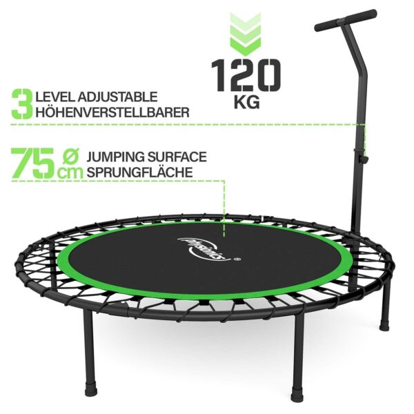 Fitness Trampolin - 101cm, højdejusterbart håndtag, gummitov, op til 120 kg, foldbar, sort/grøn