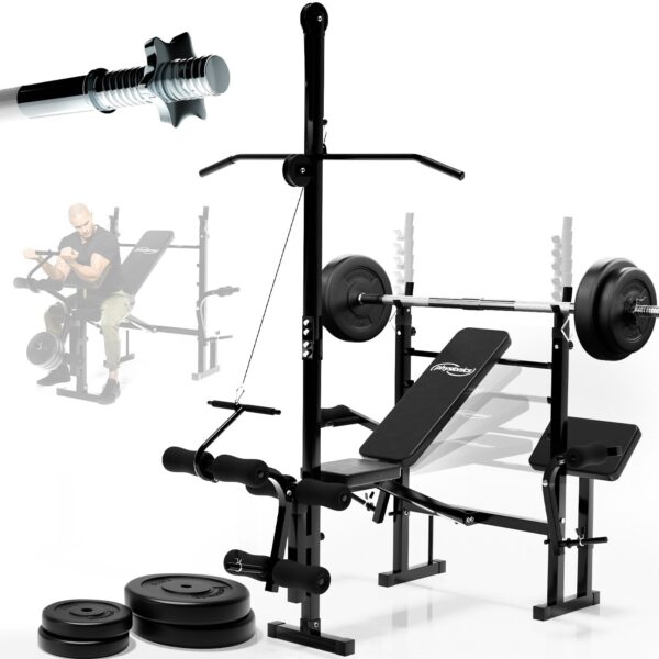 PhysionicsÂ® vægtbænk med vægtstang - 40 kg vægte, sommerfugl, benforlænger, krøllebænk, lat pulldown, 140 cm