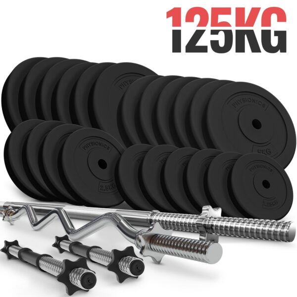 PhysionicsÂ® håndvægtsæt - 125 kg sæt, vægtstang (165 cm, ÃË30 mm, stjernebeslag), 2 håndvægte (45 cm, justerbar), med SZ curlstang, vægte - vægtstang, håndvægtstang, vægtskiver