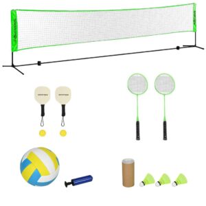 Badmintonsæt, badmintonnet med stativ, fjerbolde, 4 ketchere, justerbart volleyballnet, med bæretaske, til indend⌀rs, udend⌀rs