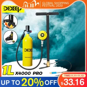 DIDEEP 1L Mini Scuba Diving Cylinder Oxygen Tank Set Dive Respirator Air Tank Hand Pump for Snorkeling Breath Diving Equipment