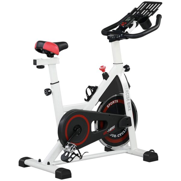 Motionscykel indend⌀rs fitnesscykel med LCD display, justerbart sæde, hjul og kopholder, stål, hvid