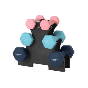 Hex-håndvægtssæt med stativ - 2 x 1 kg, 2 x 2 kg, 2 x 3 kg, neoprenmat finish, håndvægte til hjemmetræning, pink, aqua og blå