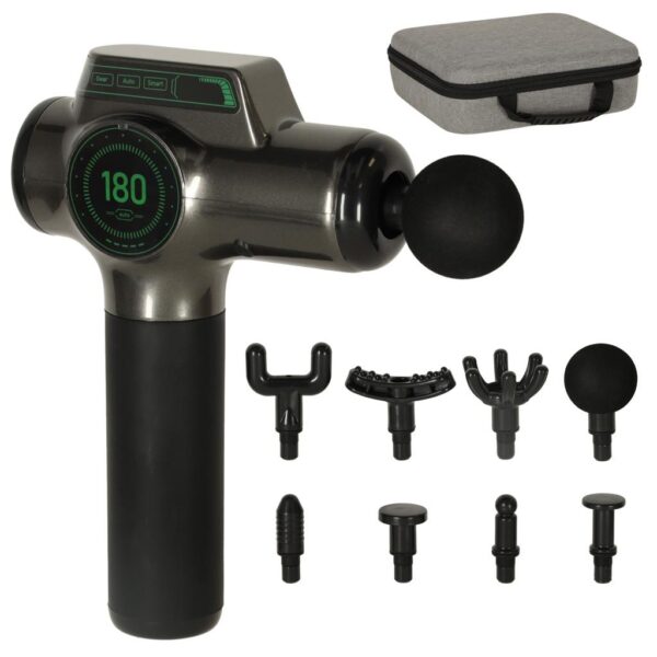 Massagepistol til krop og ryg – 8 hoveder, LED-display