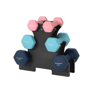 Håndvægtsæt med stativ – SONGMICS hex håndvægte 2×1 kg, 2×2 kg, 2×3 kg, neopren, pink/aqua/blå